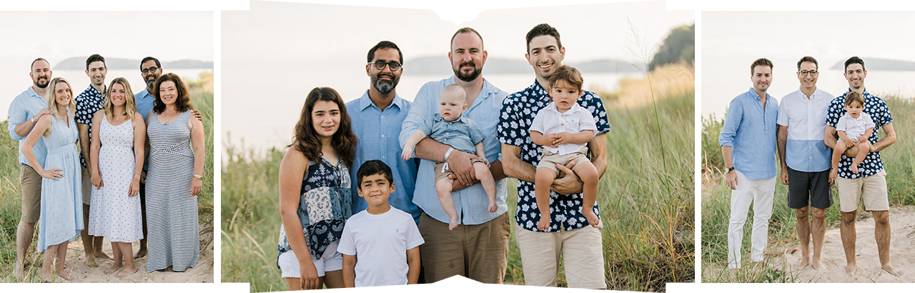 Fathers with their kids and wives on a beach in Michigan