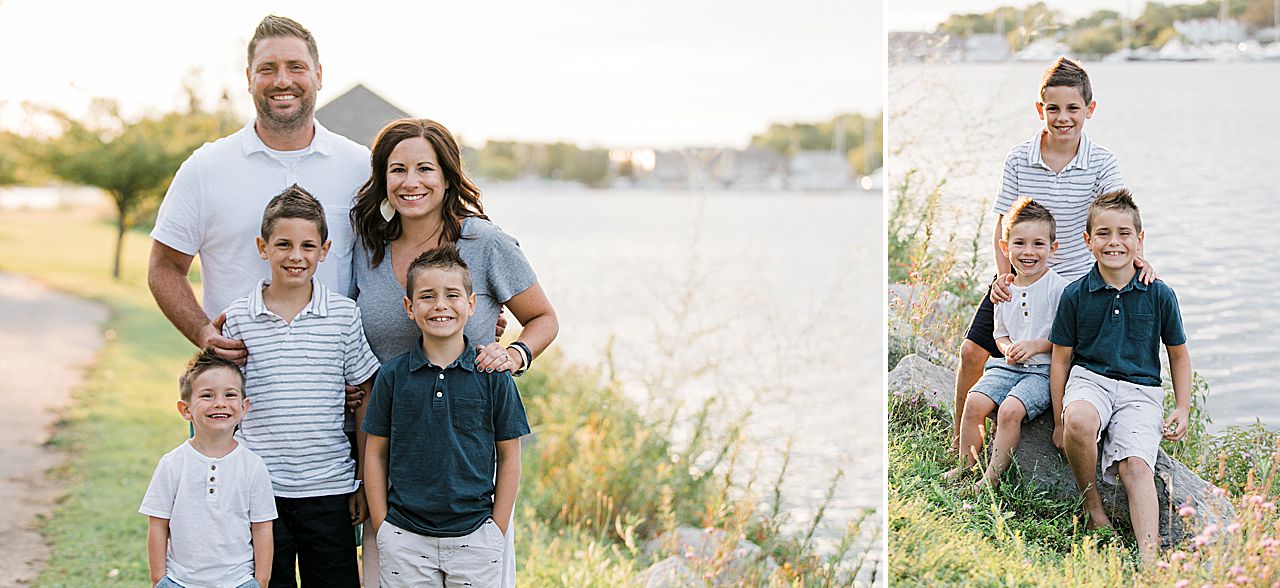 Parents with their three young boys near the lake