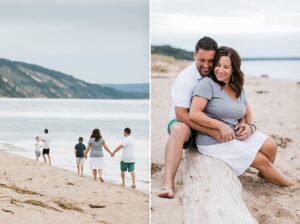 Couple with their kids on a beach in Michigan