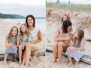 Mother and her two daughters on a log in Northern Michigan