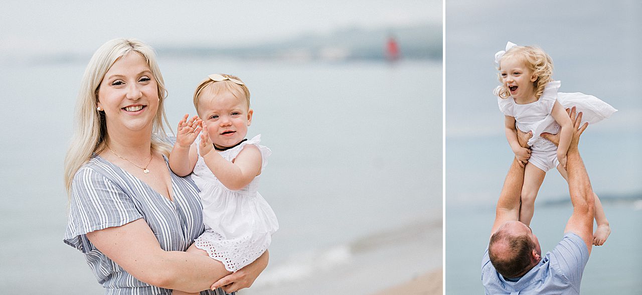 Mom holding her daughter and dad throwing his daughter in the air