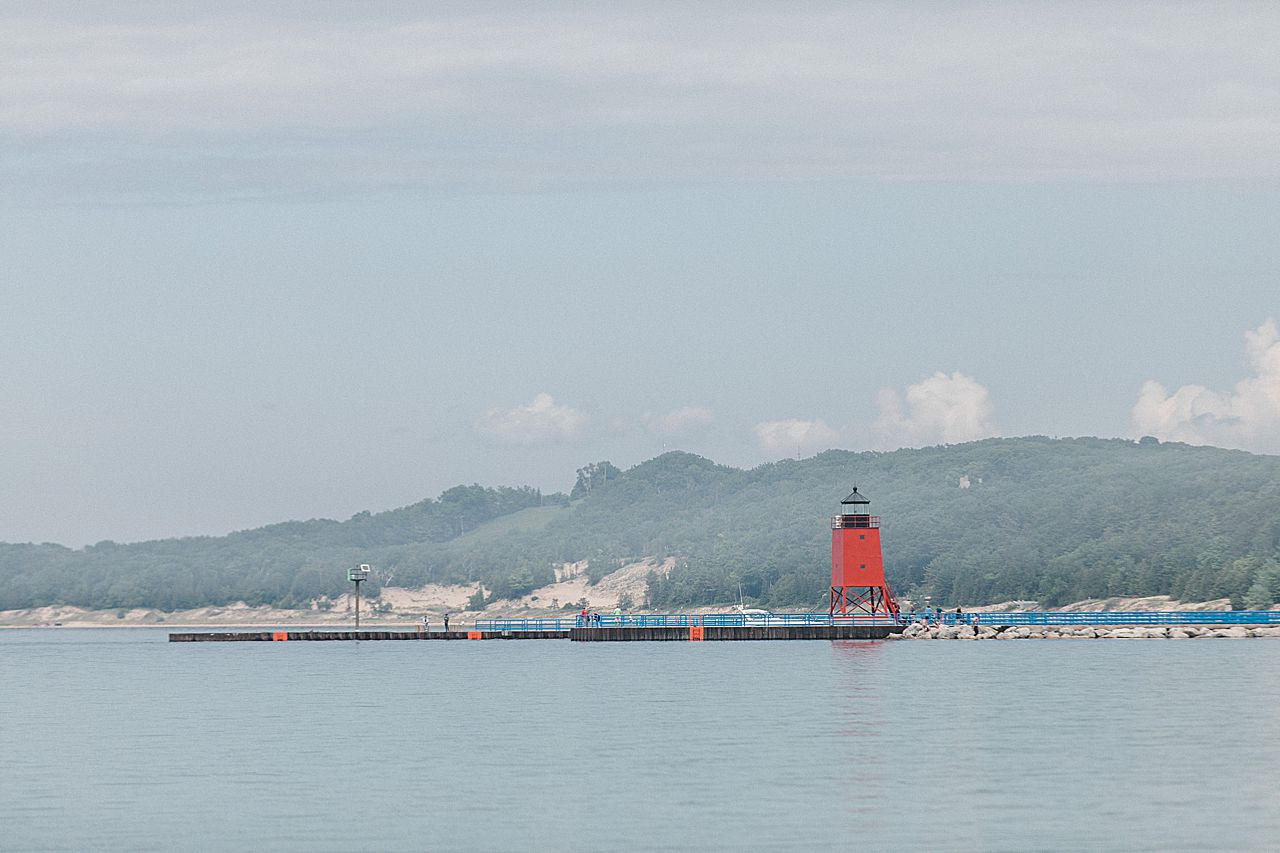 Bright red lighthouse in Charlevoix, Michigan