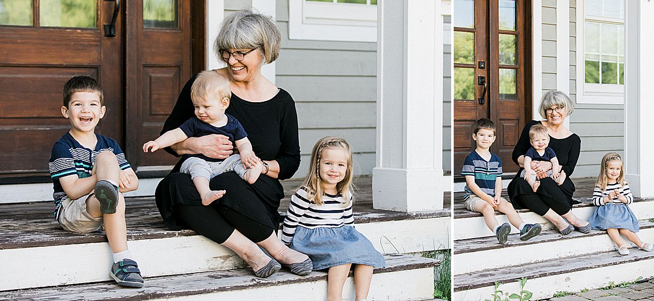Grandma smiling and laughing with her grandkids outside in Northern Michigan