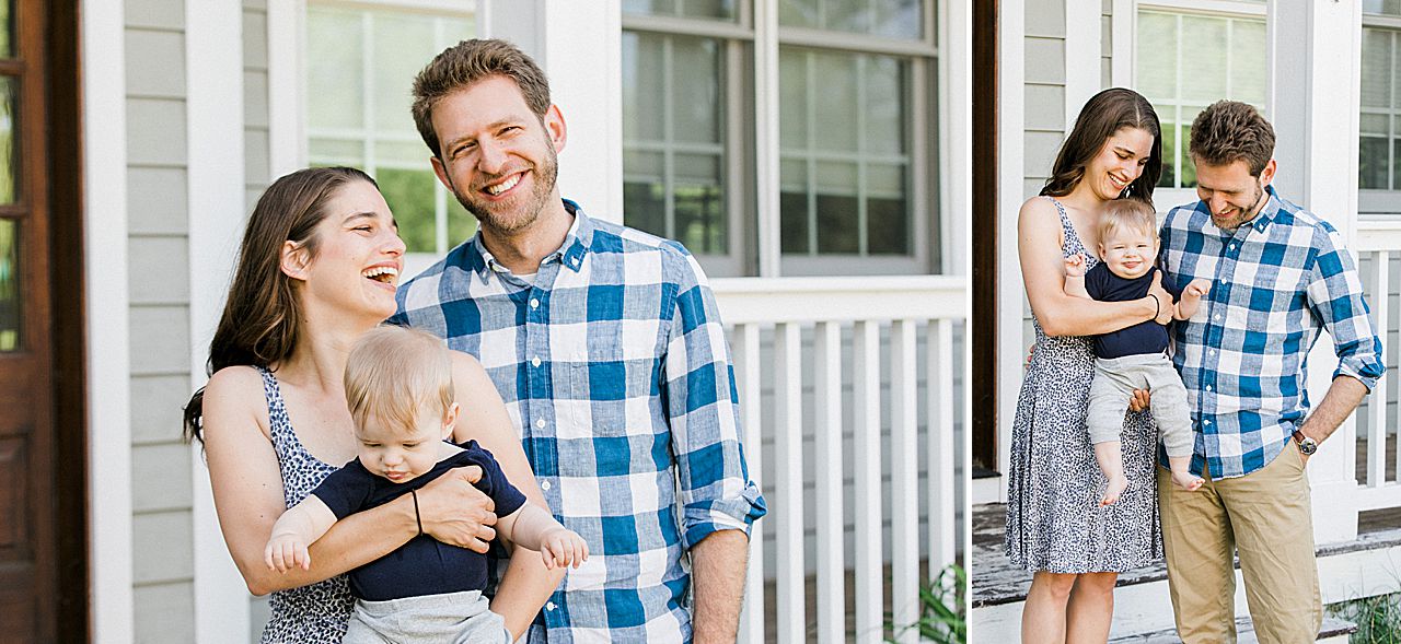 Mom and dad laughing and smiling with their son