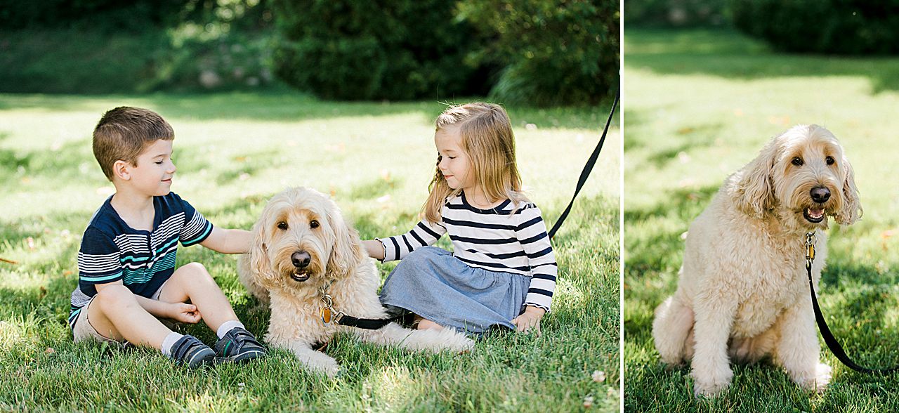 Siblings playing in the grass with their dog in Northern Michigan