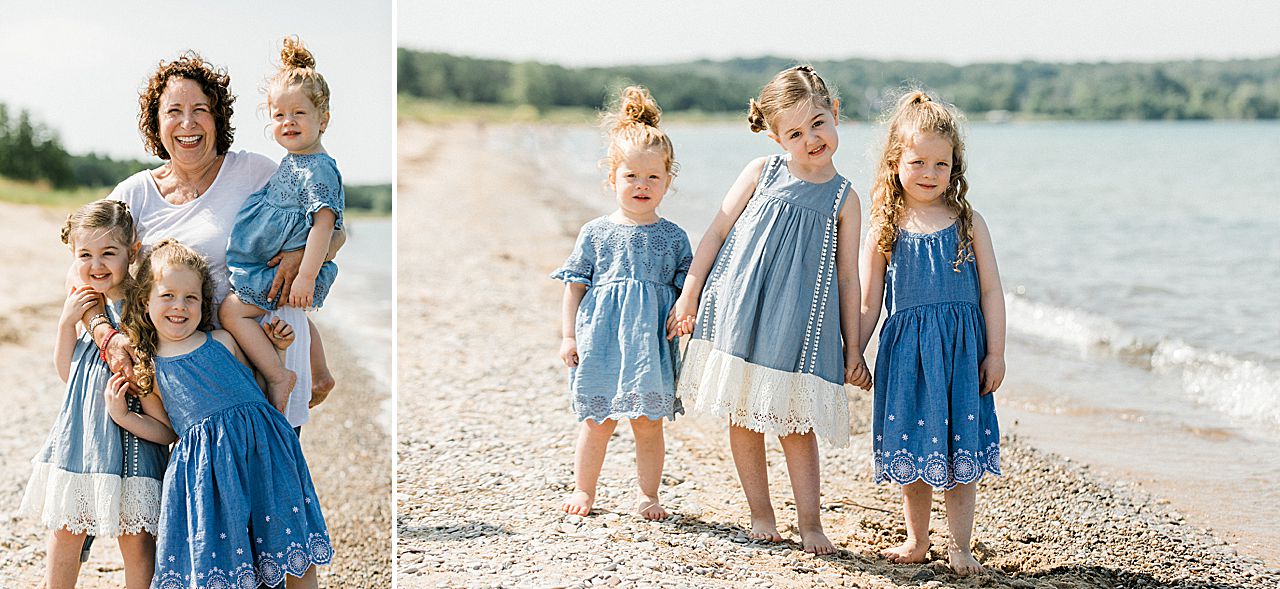 Three young girls with their grandma on a beach