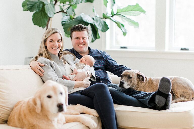 New parents sitting with their baby and two dogs