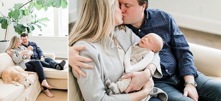 Parents kissing while holding their newborn baby