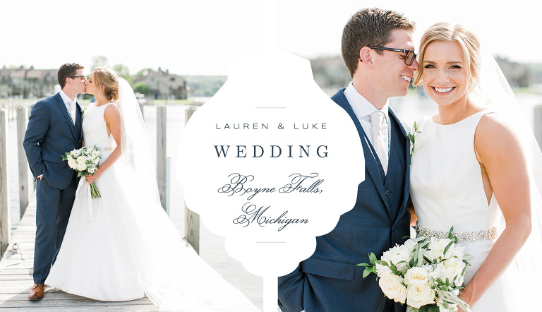 Portraits of a bride & groom on a sunny day on a dock in Boyne City, Michigan