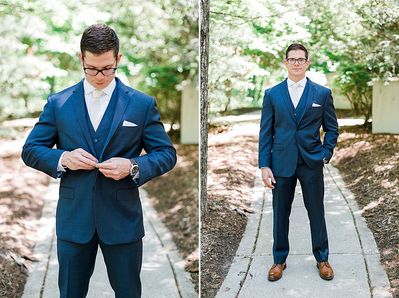 Portrait of groom buttoning his jacket outside with trees in the background