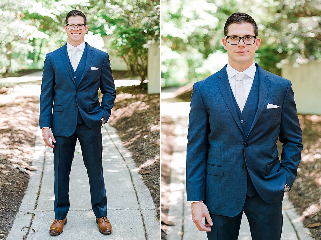 Groom smiling into the camera with a navy blue suit and brown shoes on