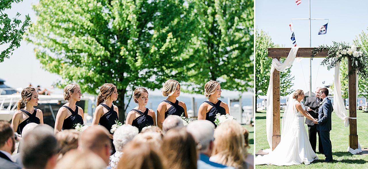 Bridesmaids in their navy blue dresses during the wedding ceremony