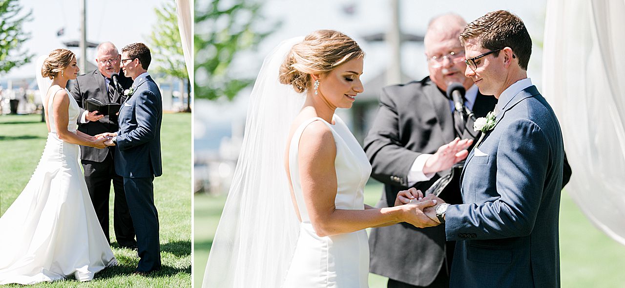 Bride putting a gold wedding ring on the groom during their wedding ceremony