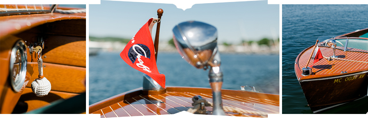 Close up detail images of a Chris Craft boat that the bride and groom will ride on in Boyne City, Michigan on Lake Charlevoix