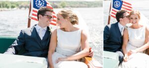 Bride and groom looking at each other and smiling during a boat ride after their wedding ceremony in Boyne City, Michigan