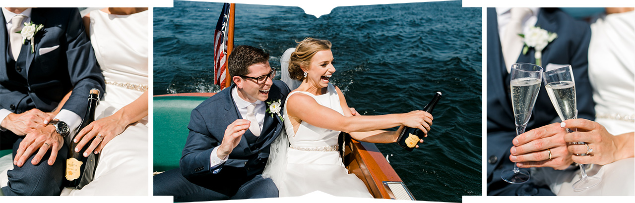 Bride and groom opening a bottle of champagne on a boat on Lake Charlevoix in Northern Michigan