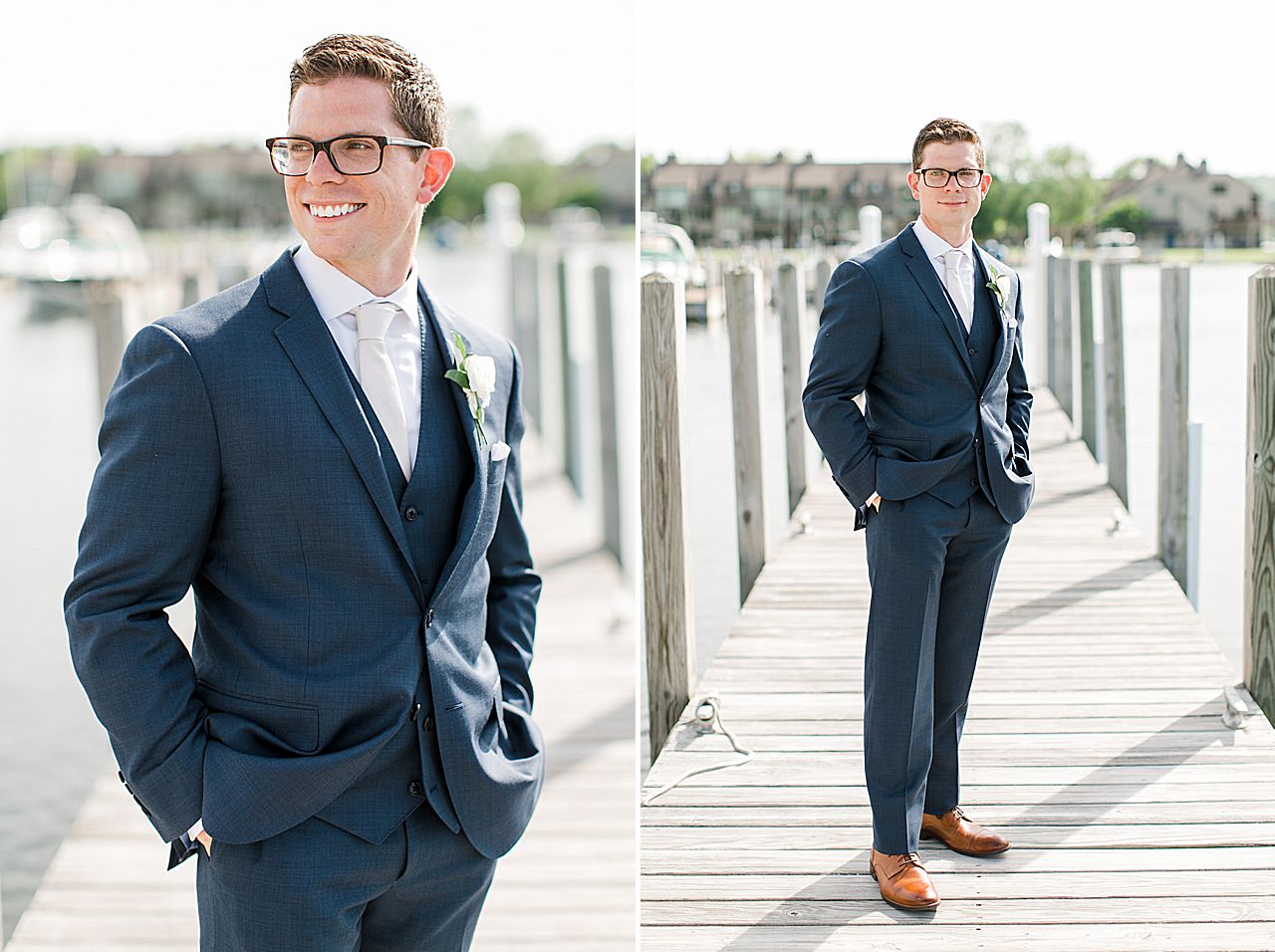 Portraits of a groom on a dock in a navy blue suit on a sunny day at The Harborage Marina in Boyne City, Michigan