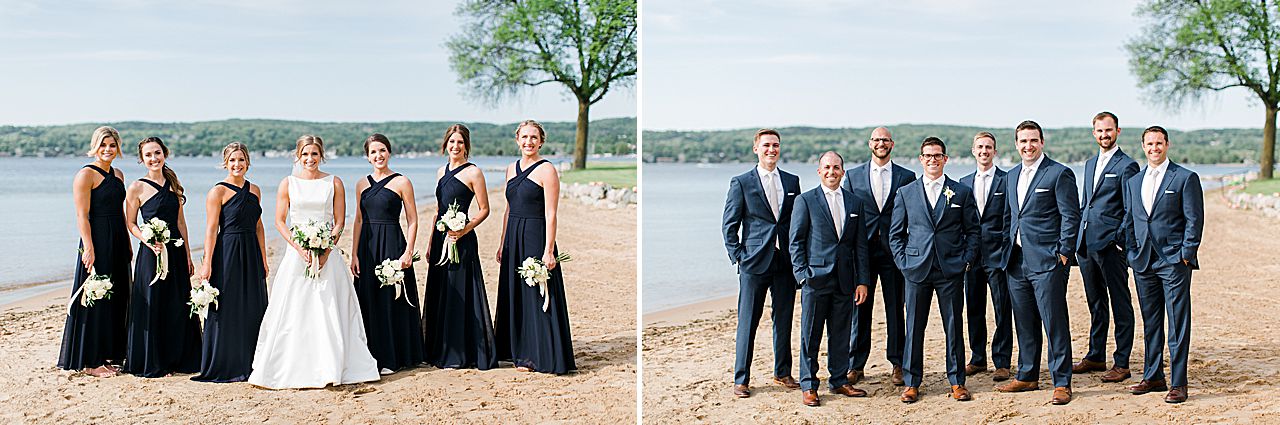 Bridal party portraits at the beach on a sunny day with Lake Charlevoix in the background