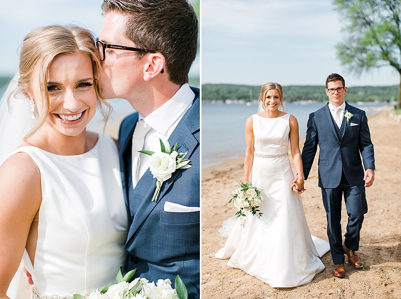 Bride and groom walking along the beach in Boyne City, Michigan with Lake Charlevoix in the background