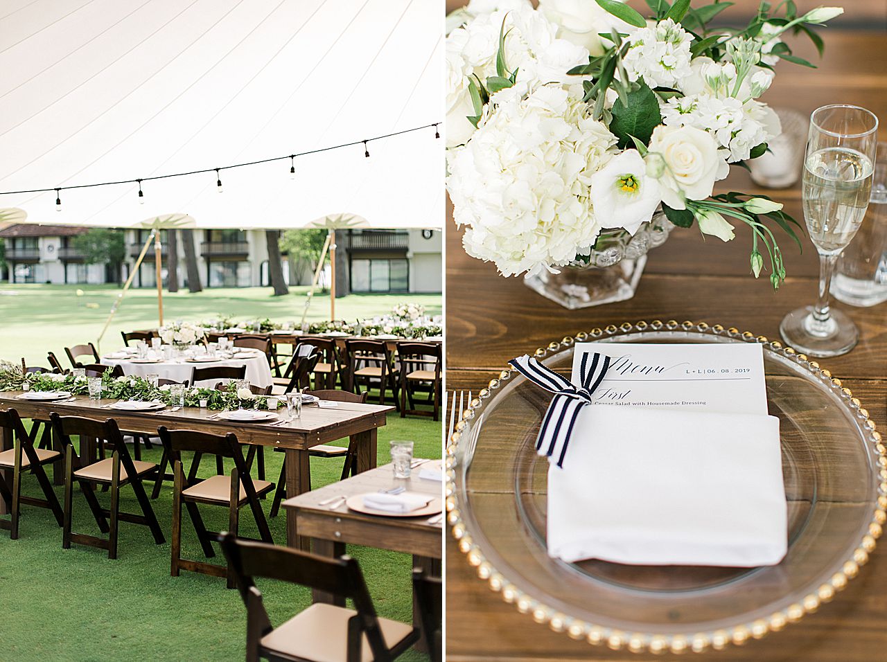Wooden tables, navy blue menus, and white floral centerpieces at Deer Lake at Boyne Mountain Resort wedding reception