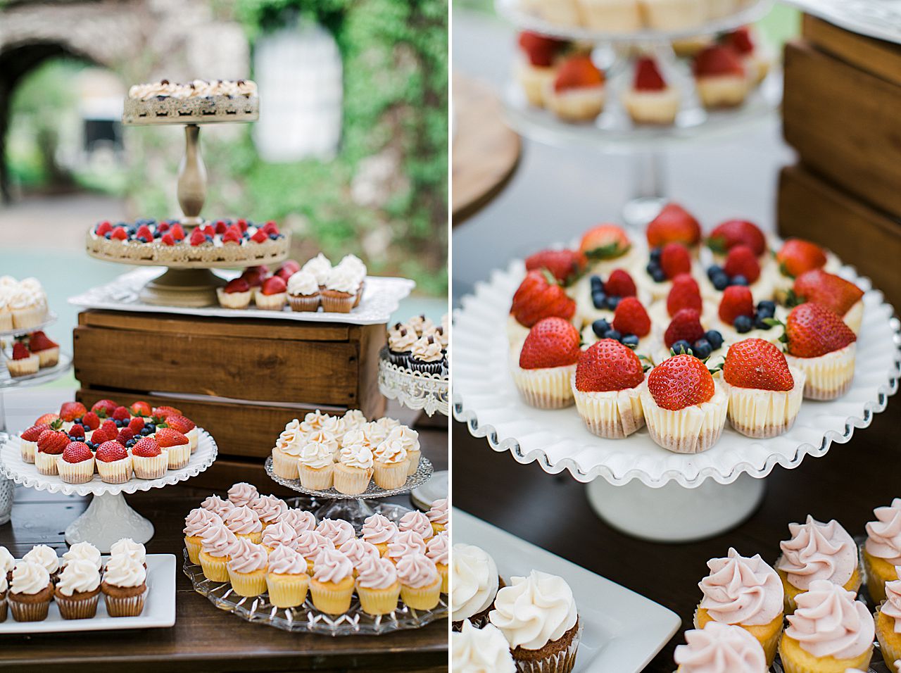 Mini cupcakes, cheesecake bites, strawberries and raspberries at Deer Lake wedding reception