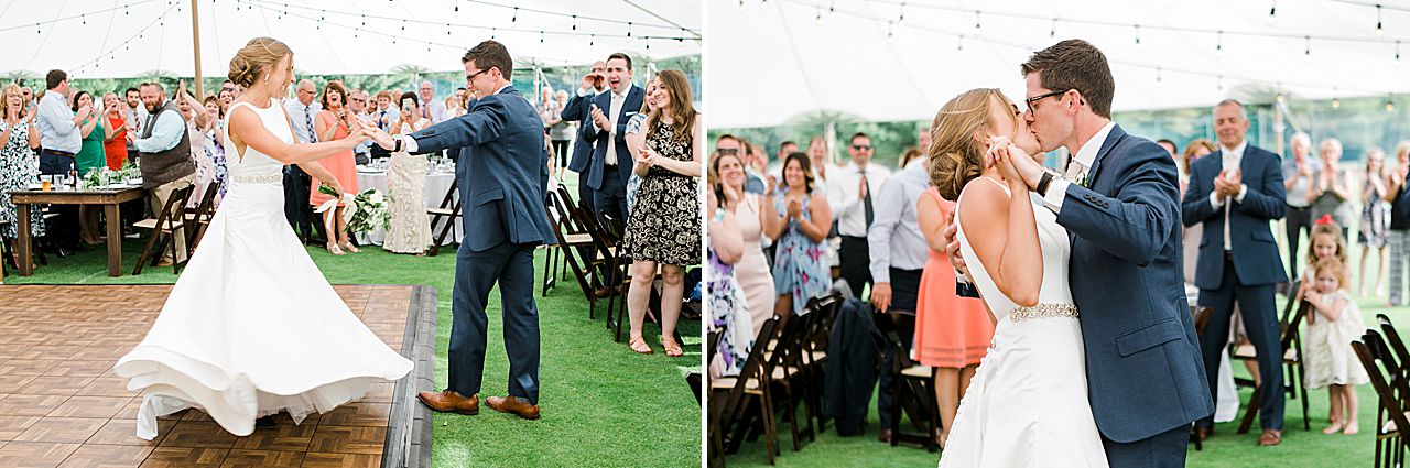 Bride and groom twirling and kissing as they walked into their wedding reception at Boyne Mountain Resort on Deer Lake