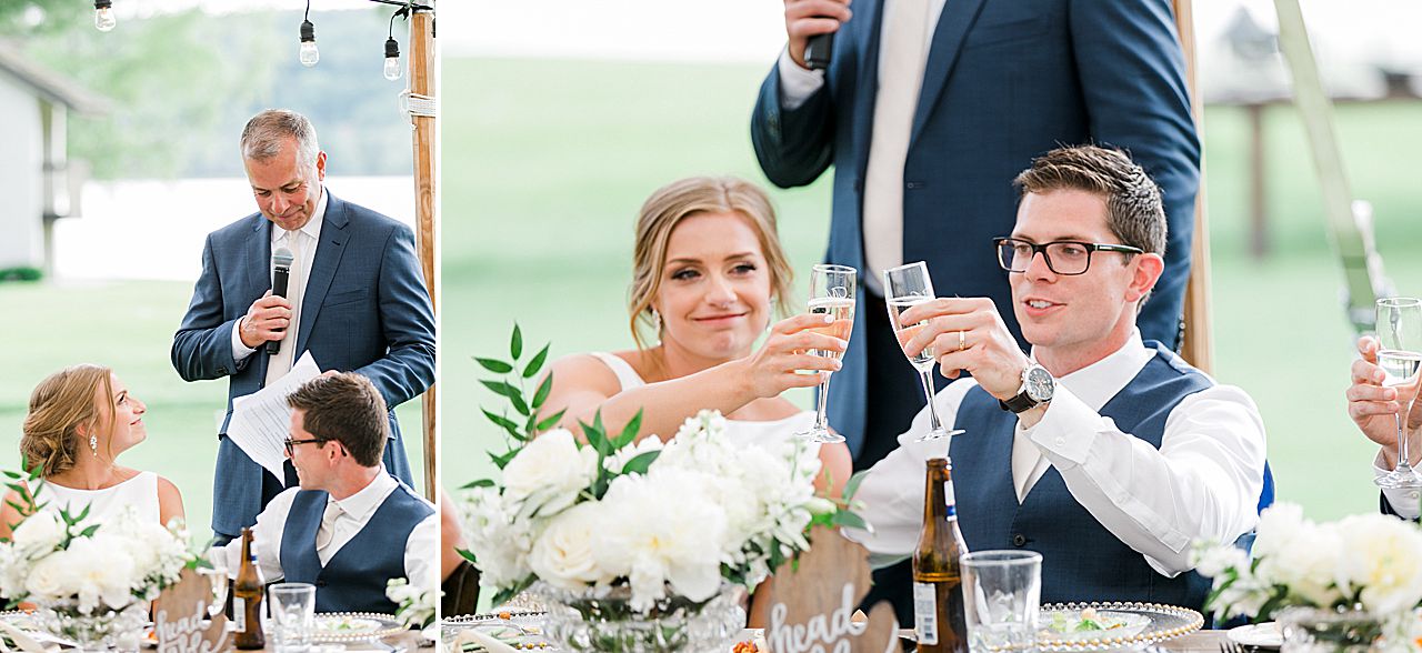 Father of the bride speech and the bride and groom clinking their champagne glasses on Deer Lake in Boyne Falls, Michigan