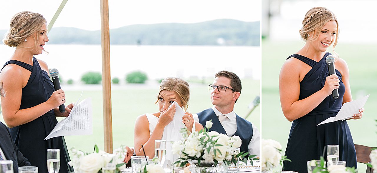 Maid of the honor speech and the bride wiping away a tear at a wedding reception at Boyne Mountain Resort