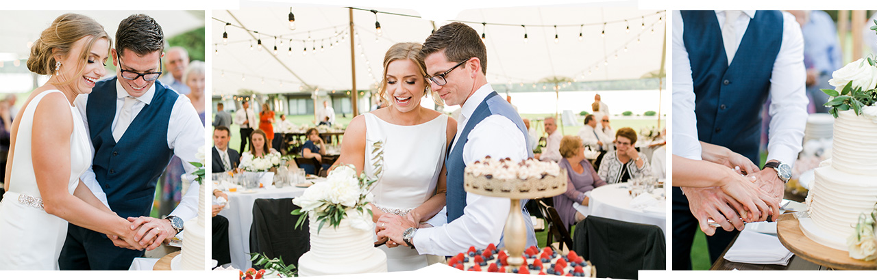 Bride and groom cutting into their wedding cake at the wedding reception on Deer Lake in Boyne Falls, Michigan