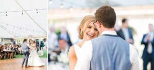 Bride and groom laughing during their first dance at Boyne Mountain Resort on Deer Lake