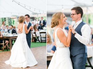 Bride and groom sharing their first dance at their wedding reception on Deer Lake at Boyne Mountain Resort