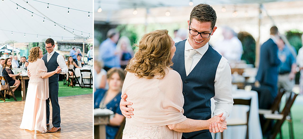 Groom and mother of the groom dancing at a wedding reception on Deer Lake at Boyne Mountain Resort