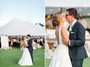 Bride and groom portrait outside of the white reception tent with lights twinkling at dusk in Northern Michigan by Deer Lake