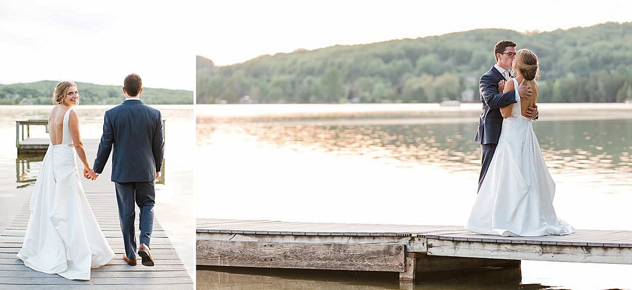 Bride walking with her groom and looking back at the camera at Boyne Mountain Resort