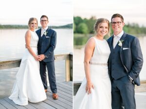 Portrait of bride and groom smiling at sunset on a lake in Northern Michigan