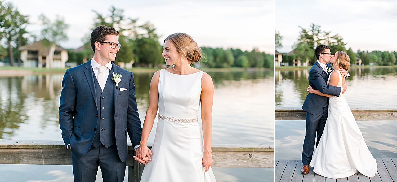 Bride and groom portraits at sunset on the end of a dock on Deer Lake in Boyne Falls, Michigan