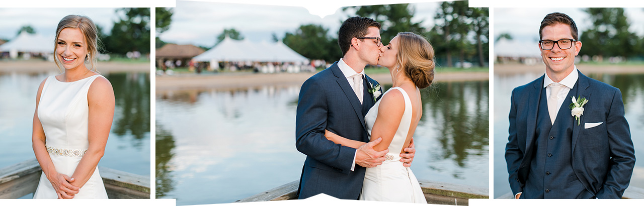Bride and groom portraits at sunset on a dock on Deer Lake in Boyne Falls, Michigan with the reception tent in the background