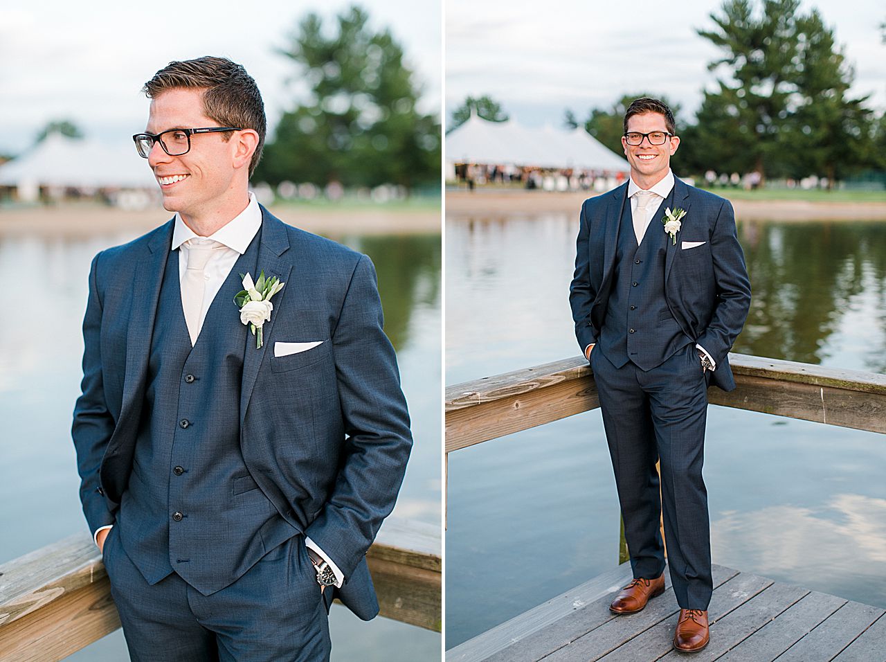 Groom portraits at sunset on a dock on Deer Lake at Boyne Mountain Resort in Boyne Falls, Michigan