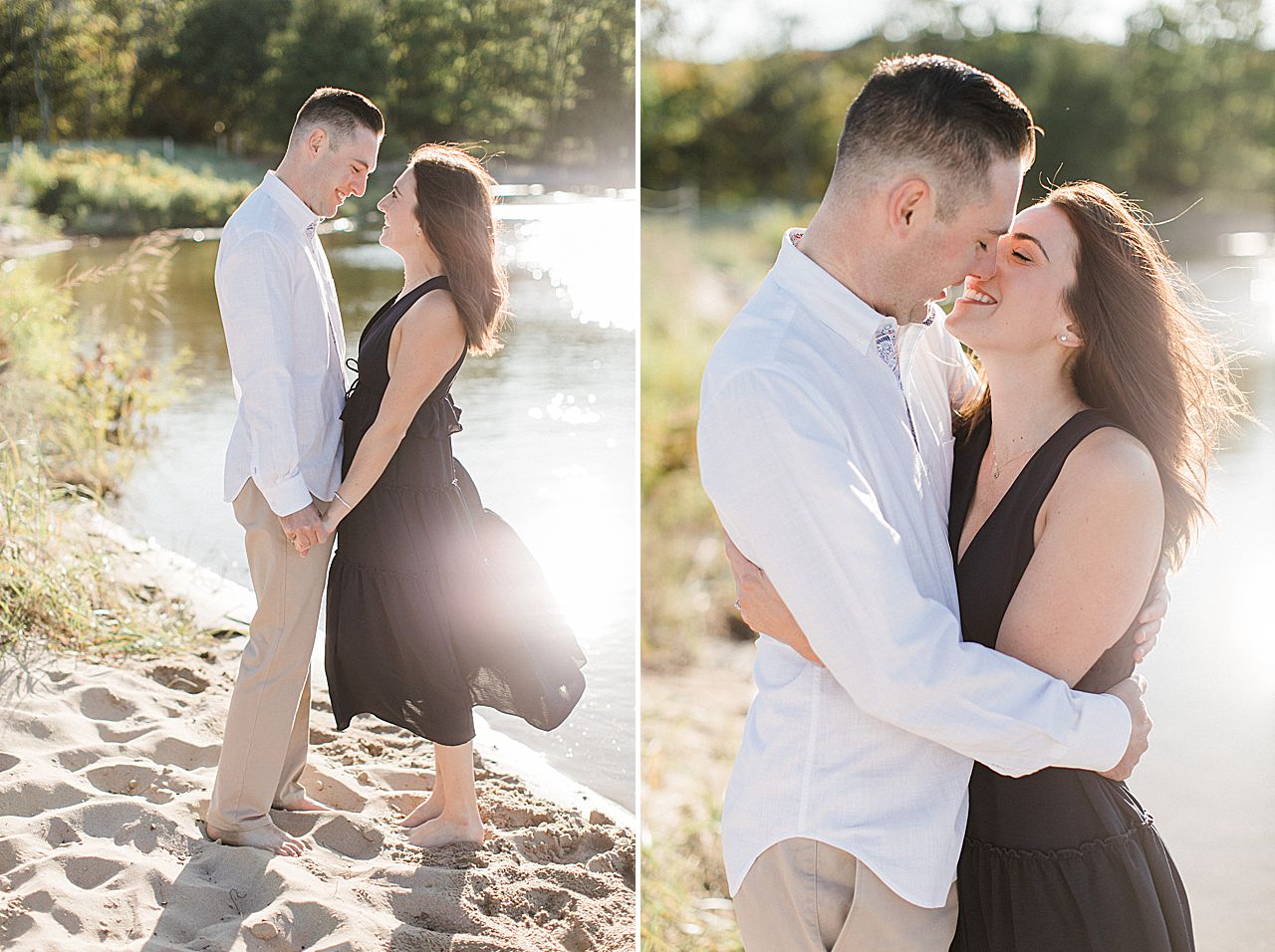 This is a couple holding hands and kissing by the water in Empire, Michigan