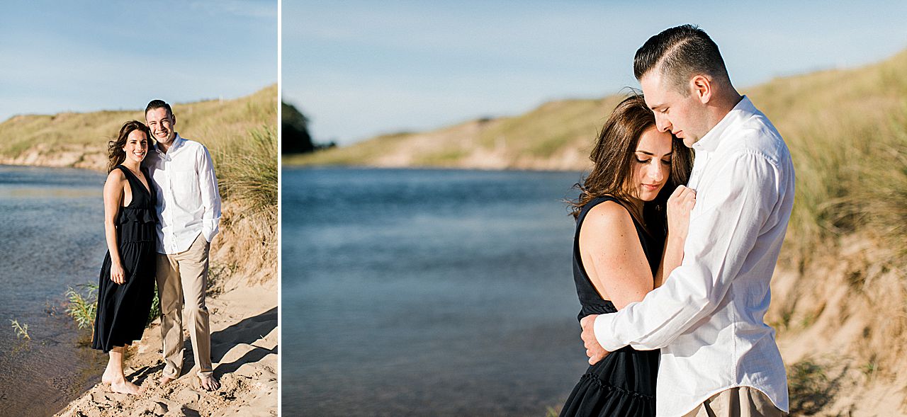 This is an engaged couple in the water in Northern Michigan