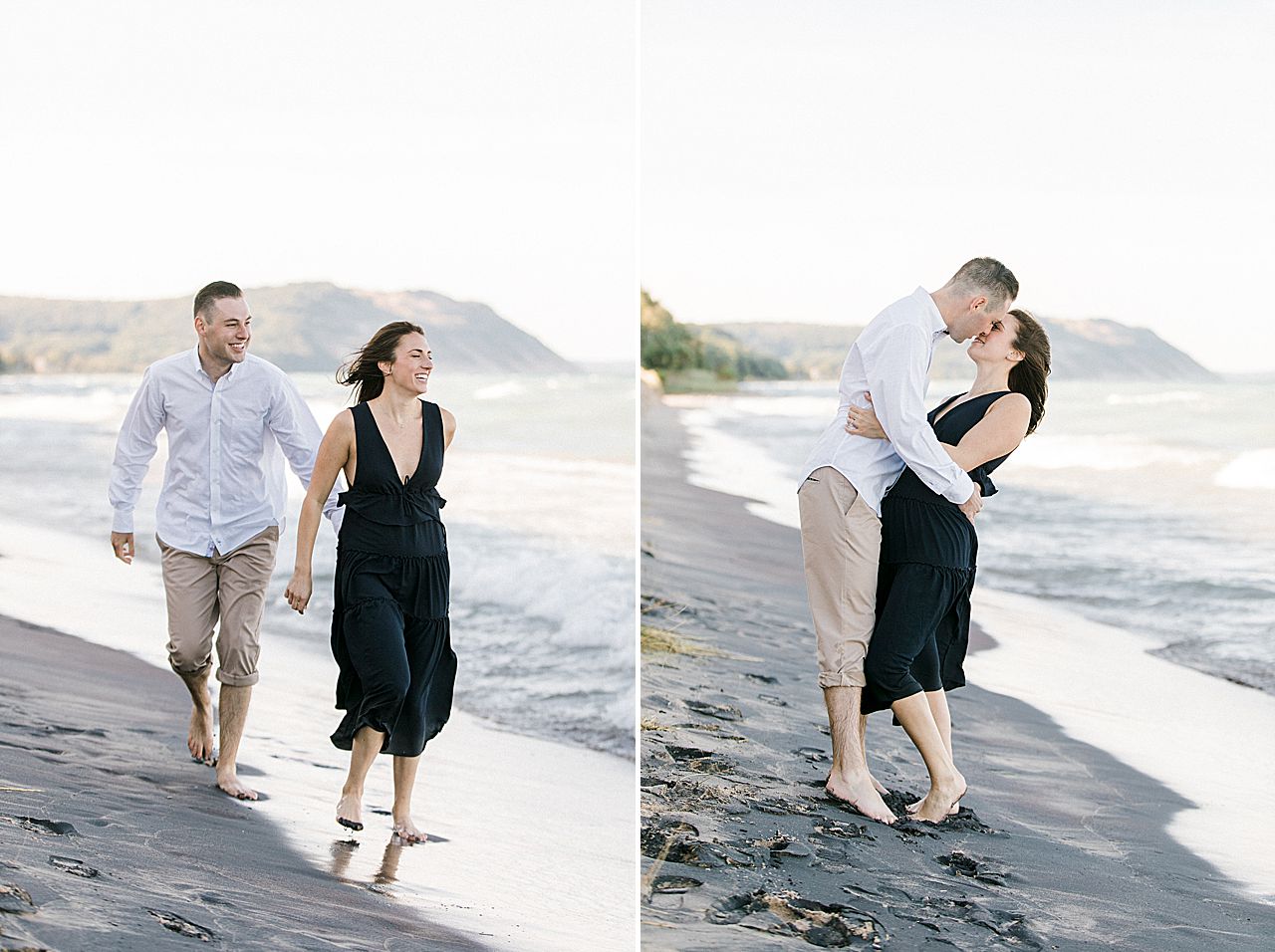 This is a couple running and kissing along Lake Michigan in Empire, Michigan