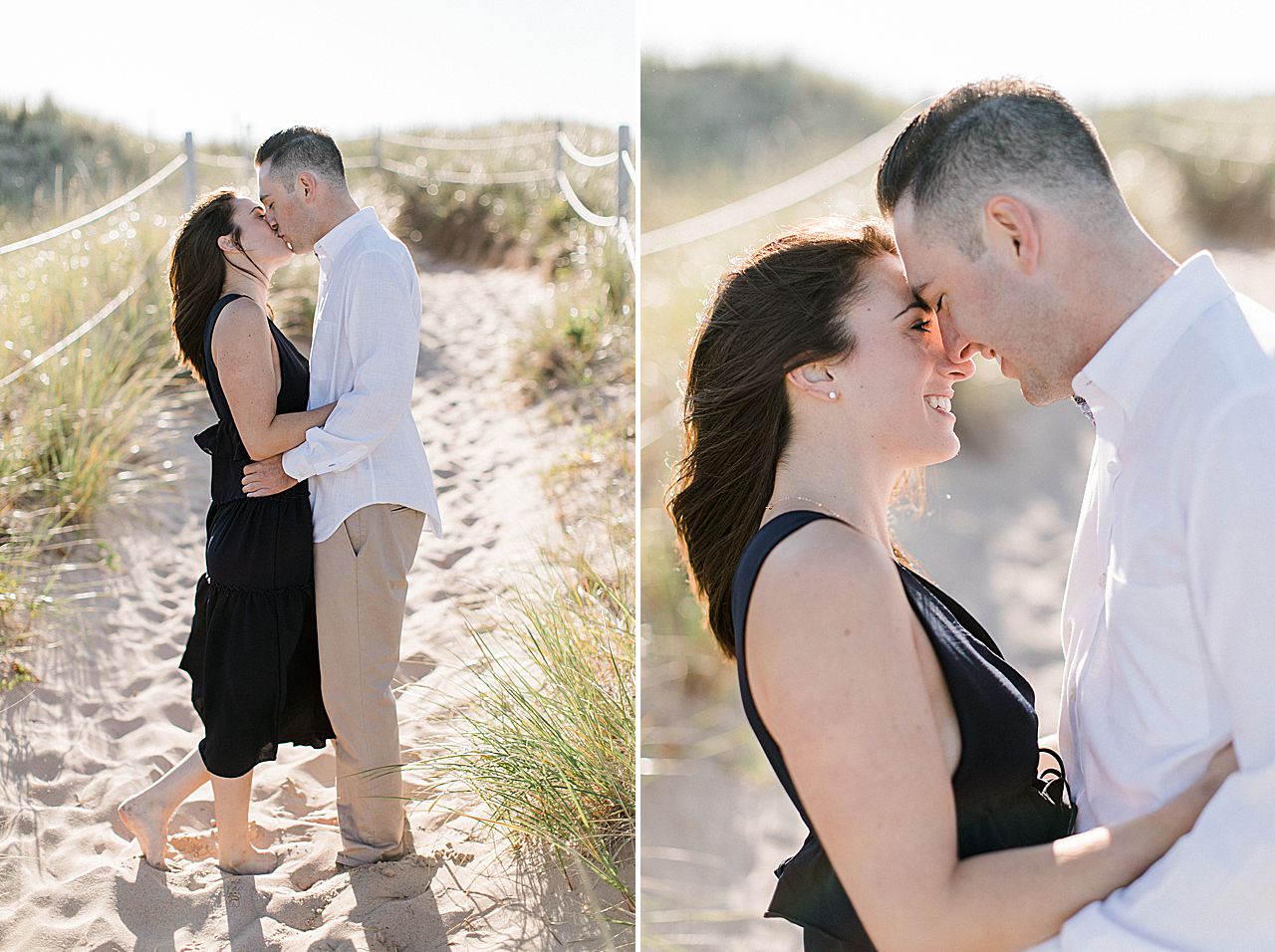 This is an engaged couple kissing in the sand dunes in Empire, Michigan