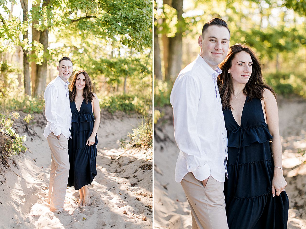 This is an engaged couple in the woods in Empire, Michigan