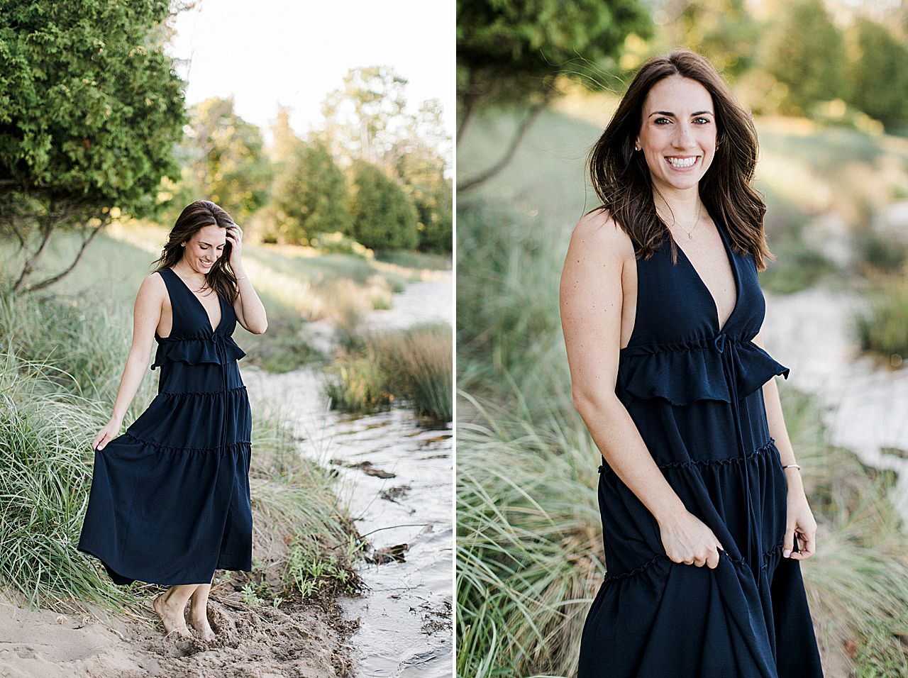This is a portrait of a woman holding her dress and smiling in Empire, Michigan