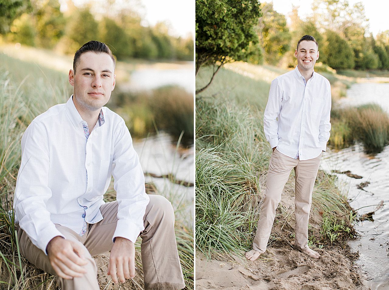 This is a portrait of a man in a grassy sand dune and smiling in Northern Michigan