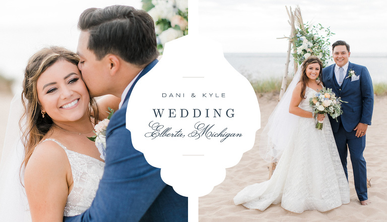 Bride and groom on a beach by Lake Michigan in Frankfort, Michigan