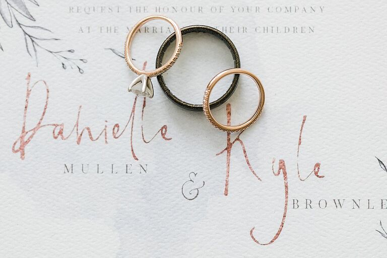 Wedding rings on a white wedding invitation with rose gold accents