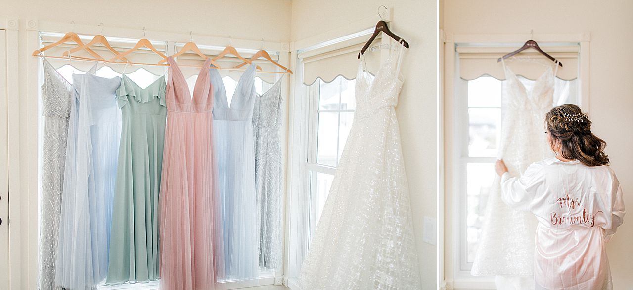 Bridesmaids dresses in different pastel colors and a bride touching her wedding dress