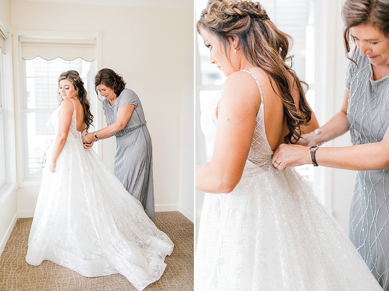 A bride getting into he wedding dress with the help of her mother
