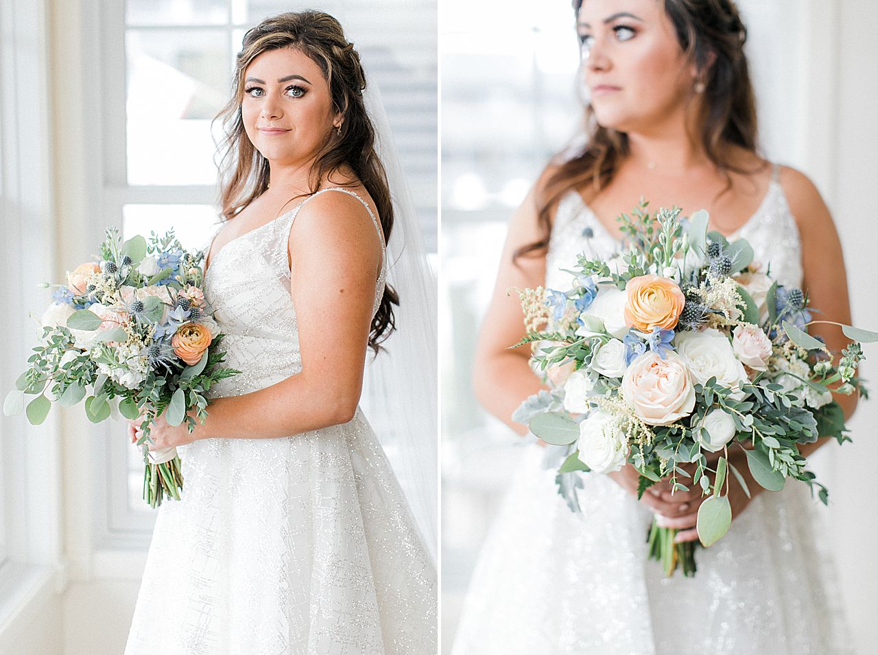 A bride holding her bouquet in a portrait